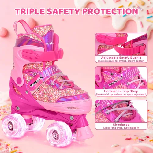 Miniatura 4 de Mammygol Patines para niñas, 4 tamaños ajustables con ruedas iluminadas, para niños