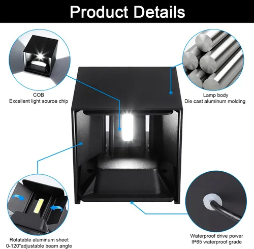Miniatura 6 de Juyace Aplique LED de 20 W 6000 K para pared arriba y abajo, iluminación exterior, sin fotocélulas, con ángulo ajustable, cuadrado, 4.7 pulgadas