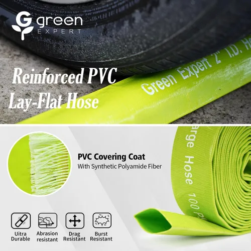 Miniatura 4 de Manguera de descarga plana Green Expert de 2 pulgadas ID, 50 pies con abrazaderas, manguera de drenaje de agua de PVC reforzado de alta resistencia