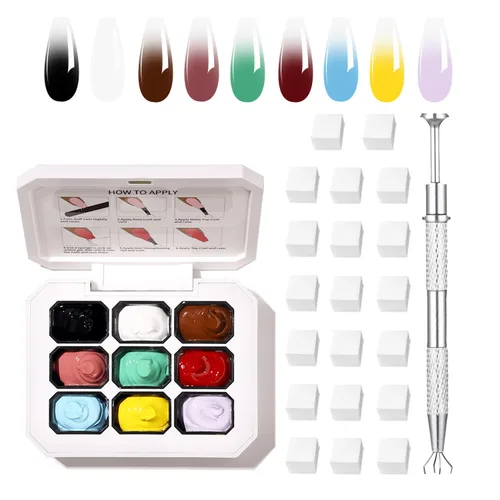 Miniatura 24 de Finger Secret - Juego de 9 colores de esmalte de uñas de gel Ombre Pat, paleta de esmaltes de gel con 20 esponjas de uñas para arte de uñas de gel