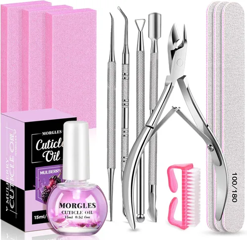 Miniatura 10 de Lima de uñas y bufandas, kit de preparación de uñas MORGLES con tablas de esmeril, herramientas para quitar cutículas, aceite de aloe para cutículas