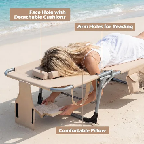 Miniatura 7 de COSTWAY Silla de salón plegable de playa, silla de bronceado con agujero para la cara, respaldo ajustable de 5 posiciones, almohada y bolsillo
