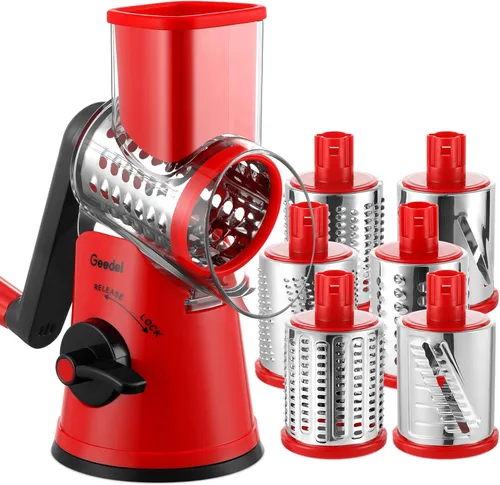 Miniatura 13 de Rallador de queso giratorio Geedel con 3 cuchillas intercambiables, rallador de mandolina de cocina para verduras, frutas, nueces, fácil de limpiar