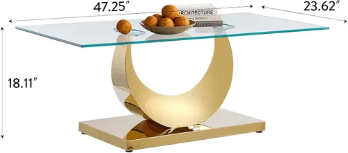 Miniatura 65 de Mesa de centro de cristal de lujo, mesa de centro de sofá de 47 pulgadas con marco de acero inoxidable dorado y parte superior de vidrio negro, mesa