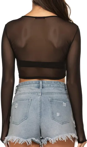 Miniatura 7 de Avidlove Blusa corta de malla para mujer, manga larga, transparente, cuello redondo, ropa de club, S-4XL
