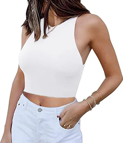 Miniatura 7 de Artfish Camiseta corta sin mangas para mujer, cuello alto, elástica, ajustada, básica, sin mangas