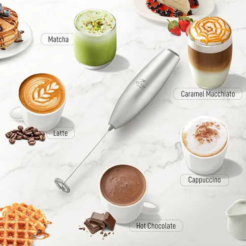 Miniatura 45 de Zulay Kitchen FrothMate Potente espumador de leche portátil y compacto para hacer espuma de mano, lattes, capuchinos Plateado transparente