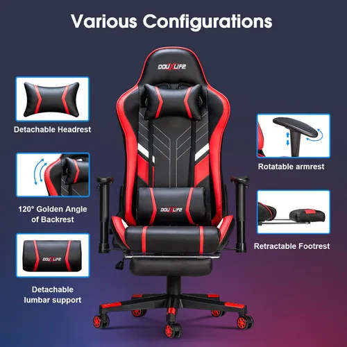 Miniatura 5 de Silla de masaje para juegos de 7 puntos, silla de oficina con reposapiés y soporte lumbar, altura del asiento ajustable ergonómica, 175° reclinable