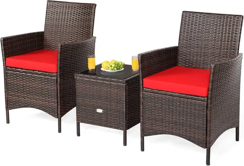 Miniatura 9 de Juego de muebles de patio de 3 piezas, muebles de mimbre para exteriores con cojín resistente al agua y mesa superior de vidrio templado, juego