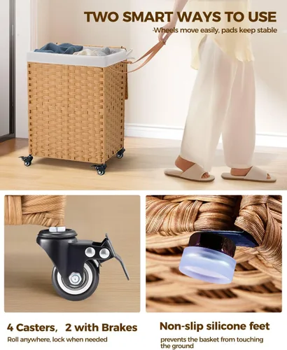 Miniatura 75 de GREENSTELL Cesta para ropa sucia con ruedas y tapa, 130 L, cesta grande de 3 secciones con 2 tipos de bolsas de forro extraíbles, 5 bolsas de malla
