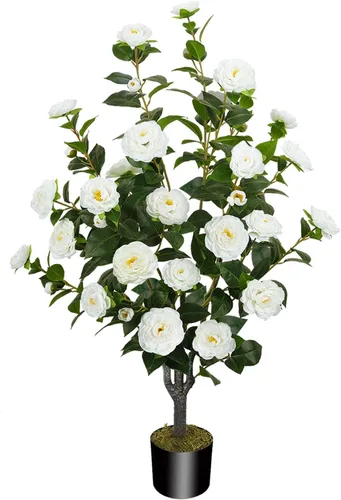 Miniatura 11 de Árbol artificial de 43.3 pulgadas / 3.6 pies con flores de camelia, árbol de otoño falso con 32 flores florecientes, árbol naranja para otoño