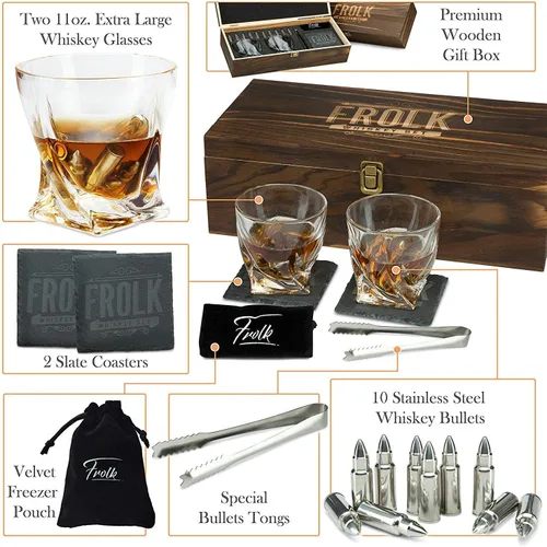 Miniatura 2 de Juego de piedras de whisky en forma de bala de alta calidad para hombres, 10 balas de acero inoxidable para whisky, 2 vasos de 11 oz , posavasos