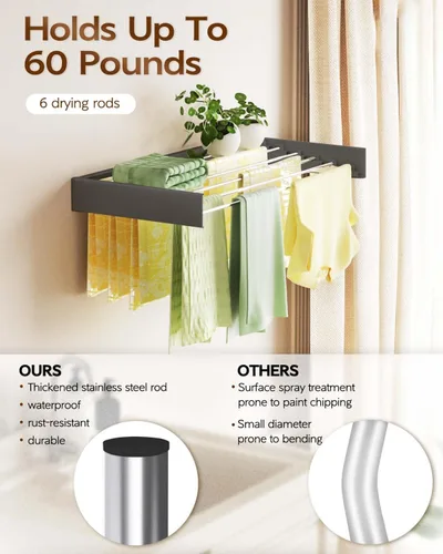 Miniatura 3 de Vikaqi Tendedero de ropa para montar en la pared de 40 pulgadas, plegable para colgar en la pared, estante plegable para interiores, estante de Negro