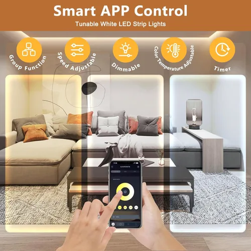 Miniatura 2 de Wefomey Tira de luces LED blancas, luz de cinta flexible regulable brillante de 24 V con control remoto y aplicación, fuente de alimentación