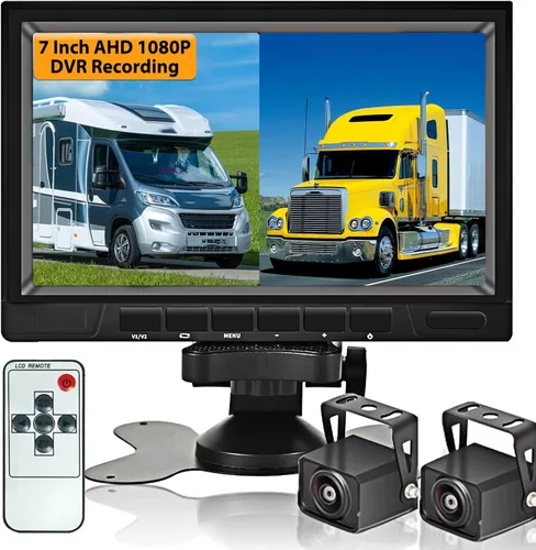 AHD Cámara de respaldo dual con monitor DVR 1080P de 7 pulgadas, cámara de visión frontal y trasera, cámara de visión nocturna impermeable para