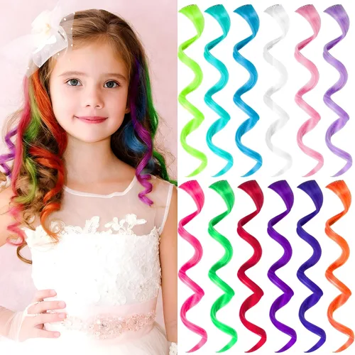 Miniatura 8 de 10 extensiones de cabello sintético rizado y ondulado negro con clip, reflejos de fiesta de neón arcoíris, accesorios de cabello coloridos