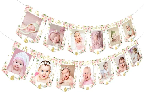 TWO WILD Cartel de fotos de princesa para primer cumpleaños, diseño de castillo real y corona, rosa, 13 piezas, montaje en pared, solo lavado a