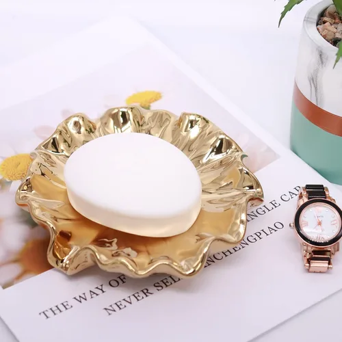 Miniatura 7 de Jabonera de hoja de loto de cerámica dorada, jabonera autodrenante, ranura de cascada, accesorios de baño para baño, cocina, mostrador de bar.