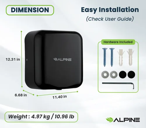 Miniatura 6 de Alpine - Secador de manos automático comercial - Secador de manos de aire de alta velocidad para el hogar, restaurante, baño y zonas de alto Negro