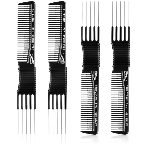 Patelai 4 piezas de peine de elevación de carbono con puntas de metal para levantar el cabello, peine para peluquería con 5 pasadores de acero Negro