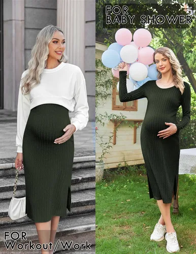 Miniatura 3 de Ekouaer Maternity Dress Rib Knit Long Sleeve Side Slit Bodycon Dresses Pregnancy Baby Shower Clothes S-XXL
