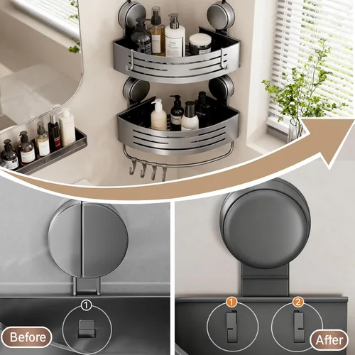 Miniatura 8 de Organizador de ducha de esquina con ventosa, paquete de 2 estantes de ducha de esquina de aluminio gris sin perforaciones con barra de toalla