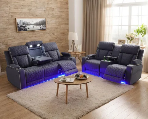 Miniatura 26 de Juego de 3 piezas para sala de estar, sofá reclinable eléctrico de cuero con puertos USB, iluminación LED y portavasos, asientos de cine en casa