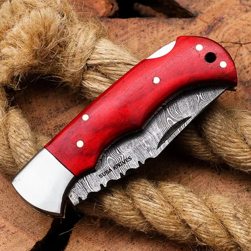Miniatura 7 de Cuchillo de bolsillo de acero de Damasco, cuchillos de vaquero hechos a mano para exteriores, camping, senderismo, hoja de bloqueo trasera, cuchillo