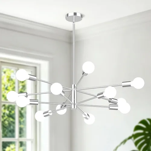 Miniatura 21 de Candelabros Sputnik Modernos para Comedor, Altura Ajustable Semi Empotrado Negro y Dorado Candelabro Lámpara de Techo Montaje 6 Luces Mediados