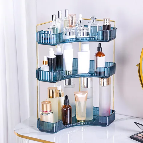 Miniatura 10 de Organizador de esquina para encimera de baño, estante de baño, organizador de maquillaje para tocador, bandeja de perfume para almacenamiento en Azul