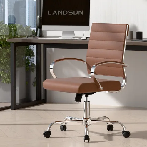 LANDSUN Silla de oficina en casa, silla de escritorio con respaldo medio, silla giratoria ejecutiva acanalada de piel sintética con ruedas y