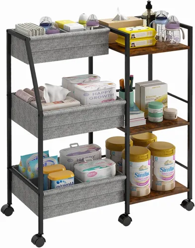 Carrito organizador de pañales para bebé, carrito de ruedas rodantes de 3 niveles con separadores y estantes, carrito de utilidad de cabecera para