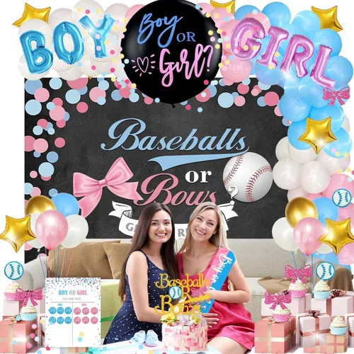 Miniatura 7 de Hombae Decoraciones de Revelación de Género de Béisbol o Lazos, 171 Piezas Decoraciones de Revelación de Género de Niño o Niña Telón de Fondo Globos