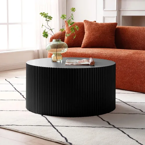 Miniatura 4 de Juego de 2 mesas de centro redondas negras de 55.12 pulgadas, mesa lateral moderna para sala de estar, diseño contemporáneo de círculo de madera