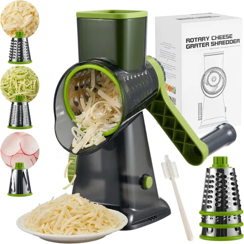Miniatura 8 de Rallador rotativo de queso, manivela de mano, trituradora de queso de 5 cuchillas, succión más fuerte, fácil de limpiar para frutas, verduras, Blanco