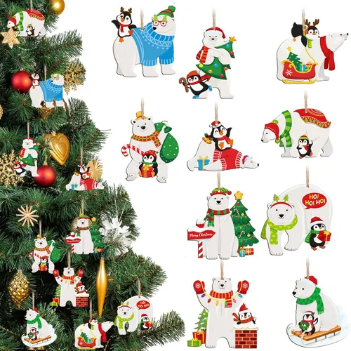 Miniatura 7 de Tiamon 20 adornos de madera de Navidad para árbol de Navidad, decoración colgante surtida, cachorro, perro, gato, vaca, oso, cardenal, pájaros