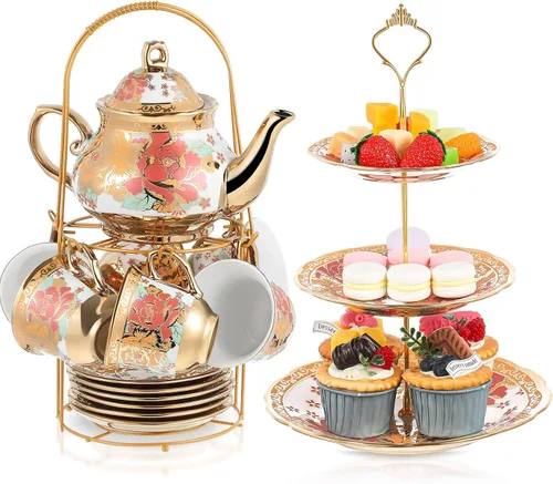 Miniatura 9 de Maxcheck Juego de 21 piezas para fiesta de té para adultos, juego de té floral europeo con soporte de metal y soporte de pastel de cerámica de 3