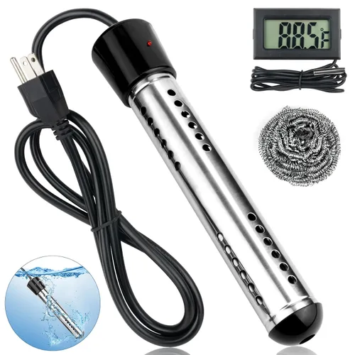 Calentador de Agua de Inmersión Eléctrico, Calentador de Agua Caliente Portátil de 2000W con Protector de Acero Inoxidable 304 y Termómetro LCD,