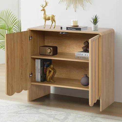 Miniatura 4 de ORRD Aparador Buffet de Acento, Gabinetes de Almacenamiento con 2 Puertas, Gabinete de Madera Estilo Granja con Estantes Ajustables y Panel Ondulado