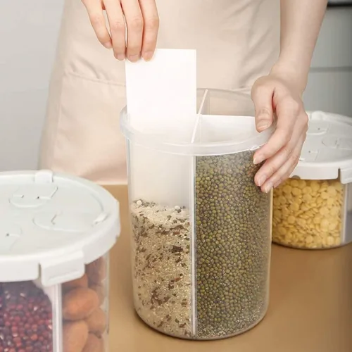 Miniatura 6 de Dispensador de cereales de cocina de plástico de 4 rejillas, caja de almacenamiento de harina y granos, tarro de alimentos secos, recipiente sellado