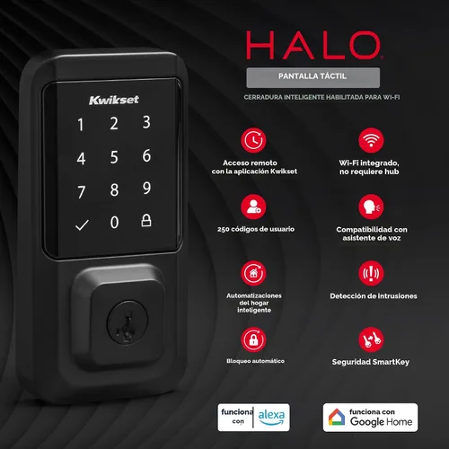 Miniatura 10 de Kwikset Halo Bloqueo inteligente Wi-Fi, cerradura de puerta delantera de entrada sin llave con pantalla táctil, acabado en negro mate, certificado
