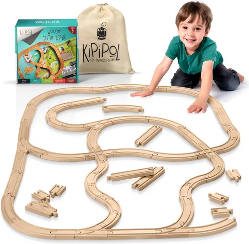KipiPol Juego de vías de tren de madera - 52 piezas+mapa de ferrocarril adicional - Compatible con todas las principales marcas de juguetes de
