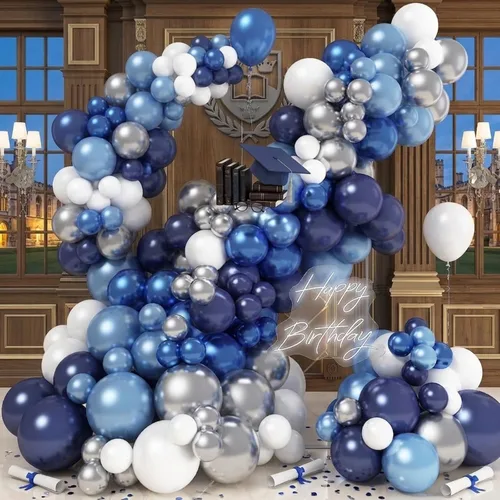 Miniatura 5 de Kit de arco de globos azules y plateados, 129 globos azul marino metálico de diferentes tamaños para decoraciones de fiestas de cumpleaños