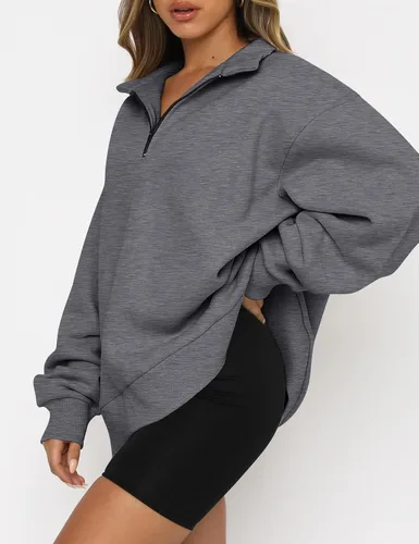 Miniatura 2 de EFAN Sudadera de gran tamaño con media cremallera para mujer, sudadera de manga larga con cremallera de un cuarto, sudadera moderna con capucha