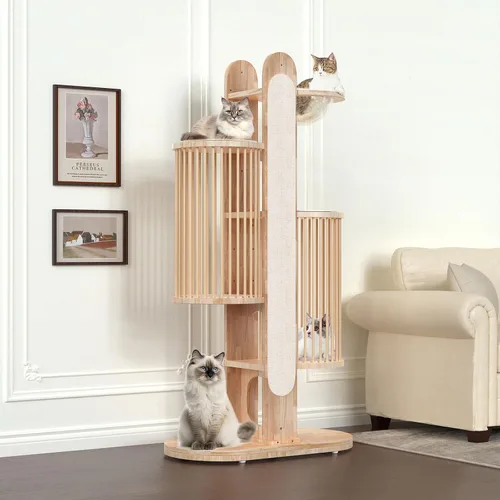 Miniatura 11 de Moderna torre de árbol para gatos de interior, torre para gatos de madera maciza de 67 pulgadas de alto con postes rascadores, casa de lujo natural