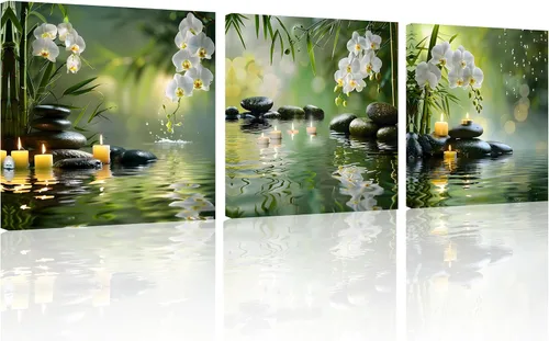 Miniatura 21 de TutuBeer 3 Paneles Arte Zen Decoración Spa Verde Bambú Decoración Rosa Aguas y Frangipani Imágenes Pintura Zen en Lienzo Impresiones Arte Bambú