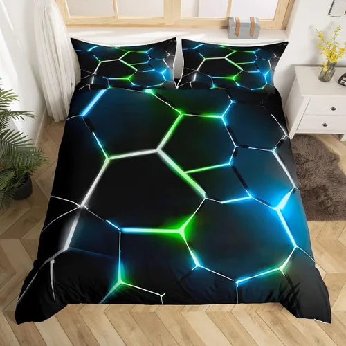 Miniatura 5 de Feelyou Juego de funda de edredón de panal de abeja, color verde y amarillo, juego de ropa de cama hexagonal para niños y niñas, funda de edredón