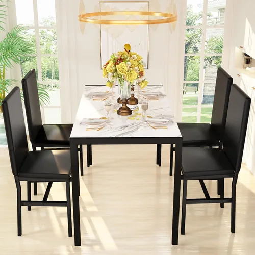 Miniatura 3 de Hooseng Juego de mesa de comedor de 5 piezas para 4 personas con parte superior de mármol sintético y sillas de terciopelo, juego de mesa de cocina
