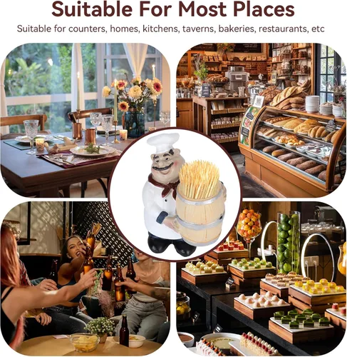 Miniatura 7 de Agatige Figuras de chef, soporte para palillos de dientes, dispensador de palillos de dientes de resina con estatua de chef italiano, decoraciones
