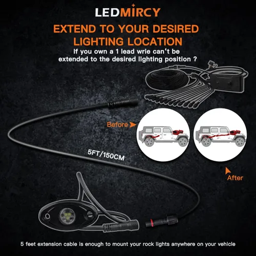 Miniatura 3 de LEDMIRCY Cable de Extensión para Luces LED de Roca Cable de Alambre de 2 Pines Impermeable 2PCS 5ft 22AWG con Conectores Macho a Hembra Tuerca